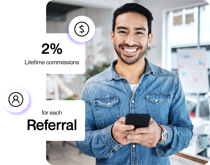 A graphic illustrating the referral program and earning potential